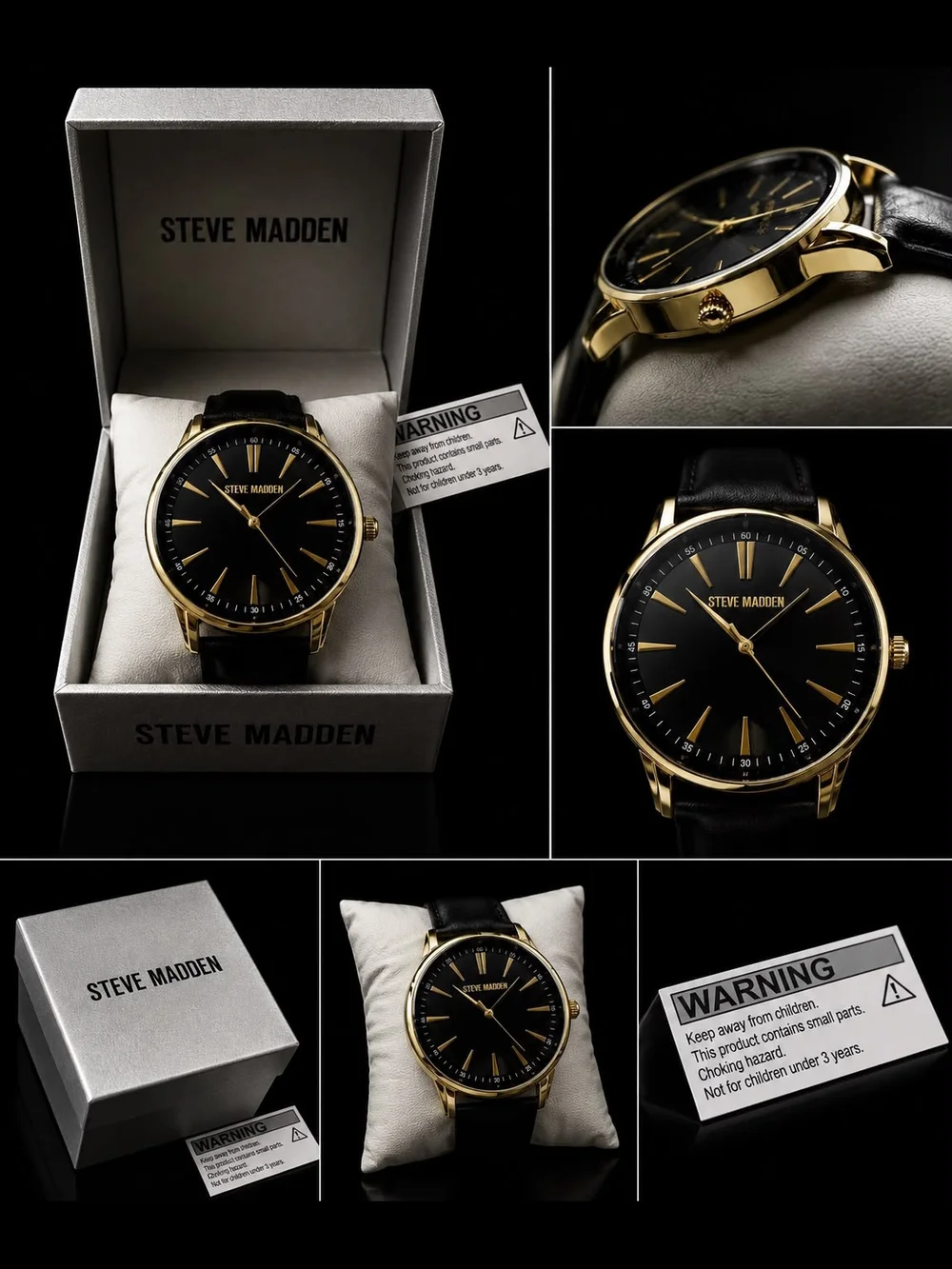 Steve Madden Black and Gold Dress Watch with Leather Strap